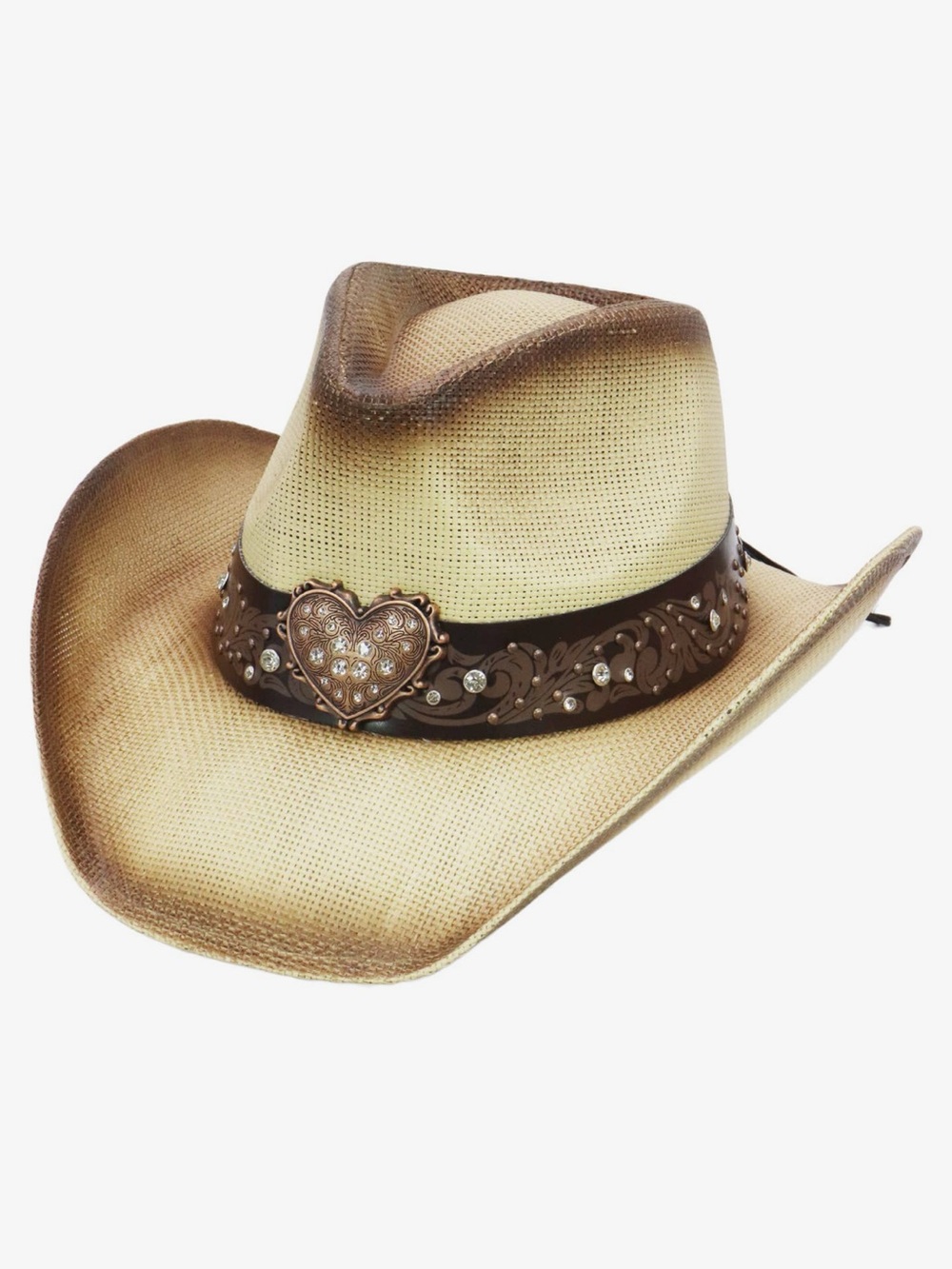 Beige Western Straw Cowgirl Hat with Heart Concho